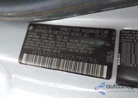 2002 BMW 330Ci z USA, uszkodzony, nr VIN WBABS53432JU90796